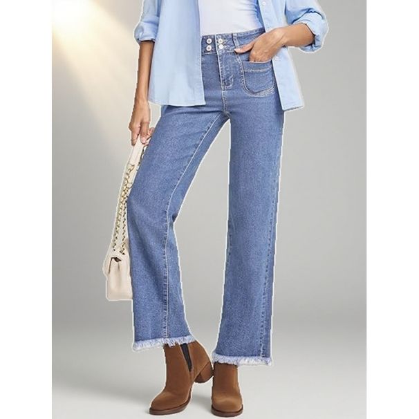 Comfortable Women's Light Blue Straight Leg Jeans Multiple Buttons Frayed Edges Cross Border Exclusive Factory Direct_ecoleips.com