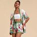 Women's Printed Short Sleeve Shirt And Shorts Set Breathable Polyester Loungewear Wrap Waist Flounce Hem Abstract Tie-Dye Floral S-3XL_ecoleips.com