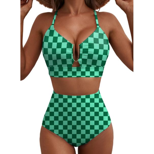 Women's 2-Piece High-Waisted Bikini Set, Floral Print U-Plunge Top With Cross Back Ties Comfortable Polyester Fabric_ecoleips.com