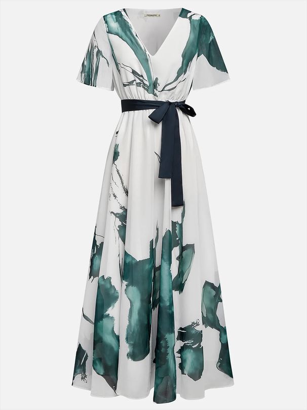 V-neck Digital Printing, String Short Sleeves, Dress, Long Dress._ecoleips.com
