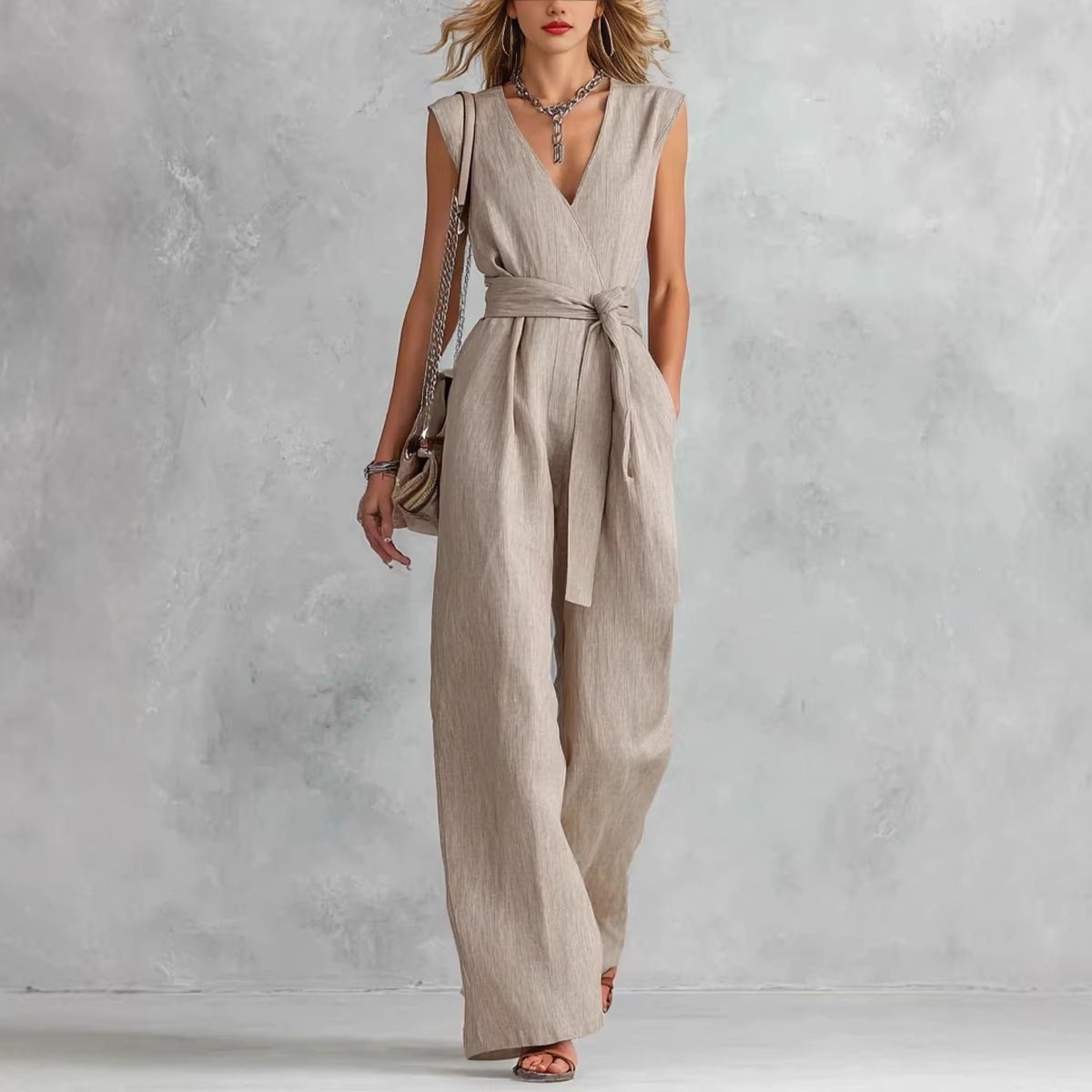 Women Sleeveless V Neck Wide Leg Jumpsuit With Belt Solid Color Casual Elegant One Piece Romper Dress For Daily Wear_ecoleips.com
