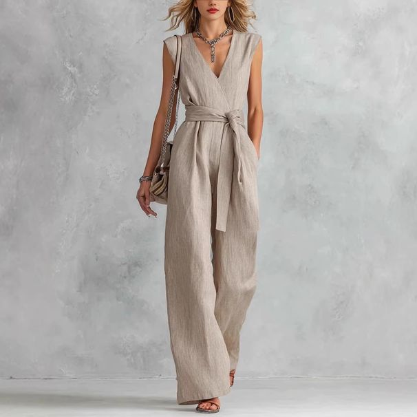 Women Sleeveless V Neck Wide Leg Jumpsuit With Belt Solid Color Casual Elegant One Piece Romper Dress For Daily Wear_ecoleips.com