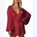 Women's Clothing V Neck Long Puff Sleeves Glitter Wrap Party Outfit_ecoleips.com