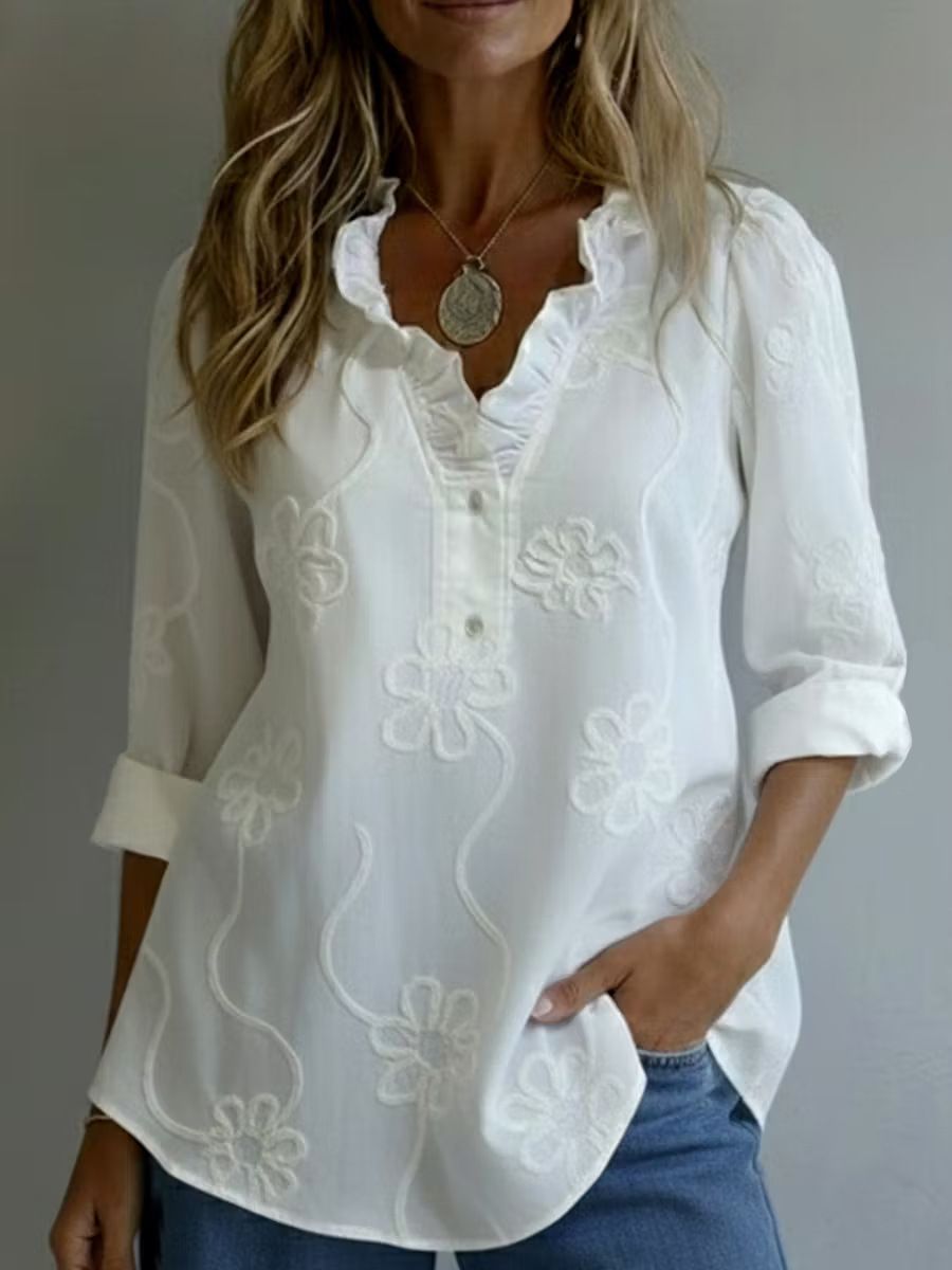 Women's Loose Casual Retro Floral Embroidery Ruffled Long Sleeved Shirt Button up Top European American Style_ecoleips.com