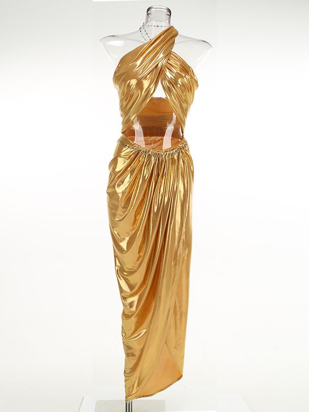 Women's Clothing new style golden sexy halter neck wrap top pleated irregular skirt two piece chain suit skirt_ecoleips.com