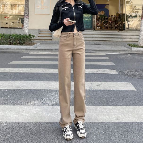 Khaki High-Waisted Straight-Leg Jeans For Women, Spring New Loose Slimming Cigarette Pants, Autumn Wear_ecoleips.com