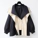 Women's Oversized Hooded Zip-Up Trench Coat Fall Fashion Windbreaker With Color Block Design (S-XXXL, Green/Black/Beige)_ecoleips.com