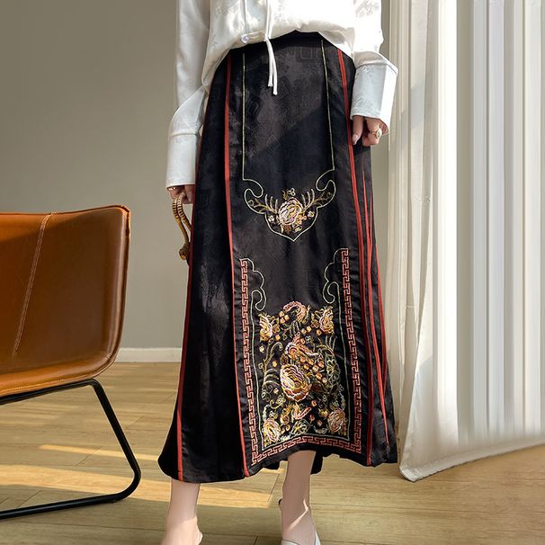Heavy Embroidery New Chinese-style National-style Women's High-waisted A-line Mid-length Satin Jacquard Horsehair Skirt_ecoleips.com