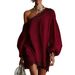 Women's Clothing Summer Lace Trim Off-Shoulder Long Sleeve Casual Top Solid Color_ecoleips.com