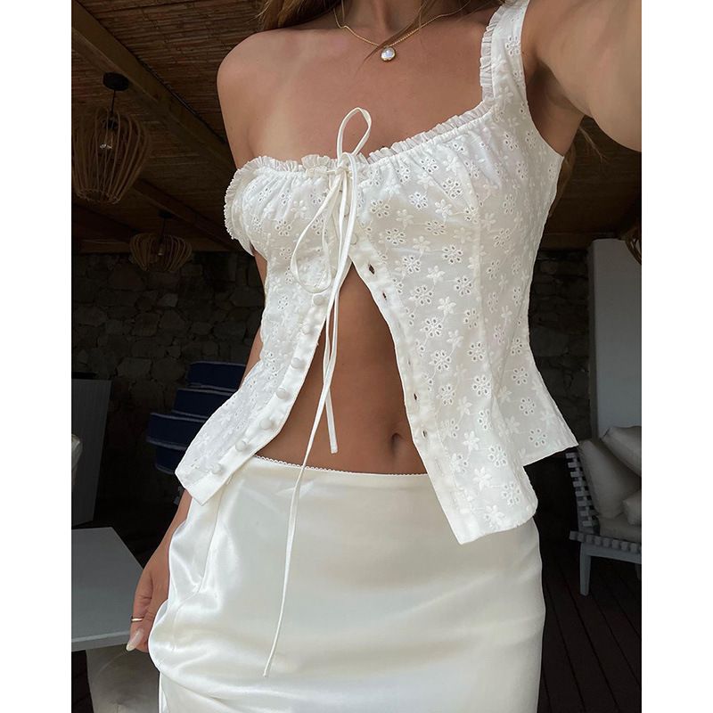 Retro Camisole Lace Top For Women Jacquard Pastoral Style Summer Hot Girl Versatile Vest Design YL23278_ecoleips.com