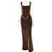 Sexy Trendy Pleated Halter Sleeveless Bodycon Dress Waist Cinching Women's Clothing Dress_ecoleips.com