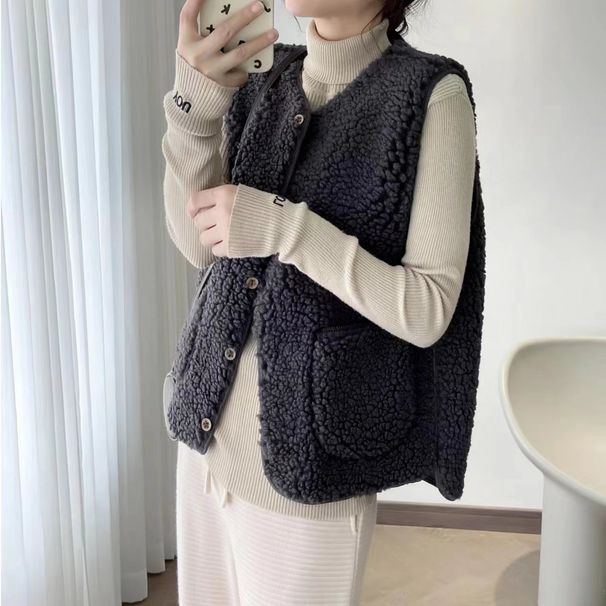 Women's Clothing Short Fleece Vest Winter Warm Faux Shearling Jacket Cozy Plush Sleeveless Coat With Pockets_ecoleips.com