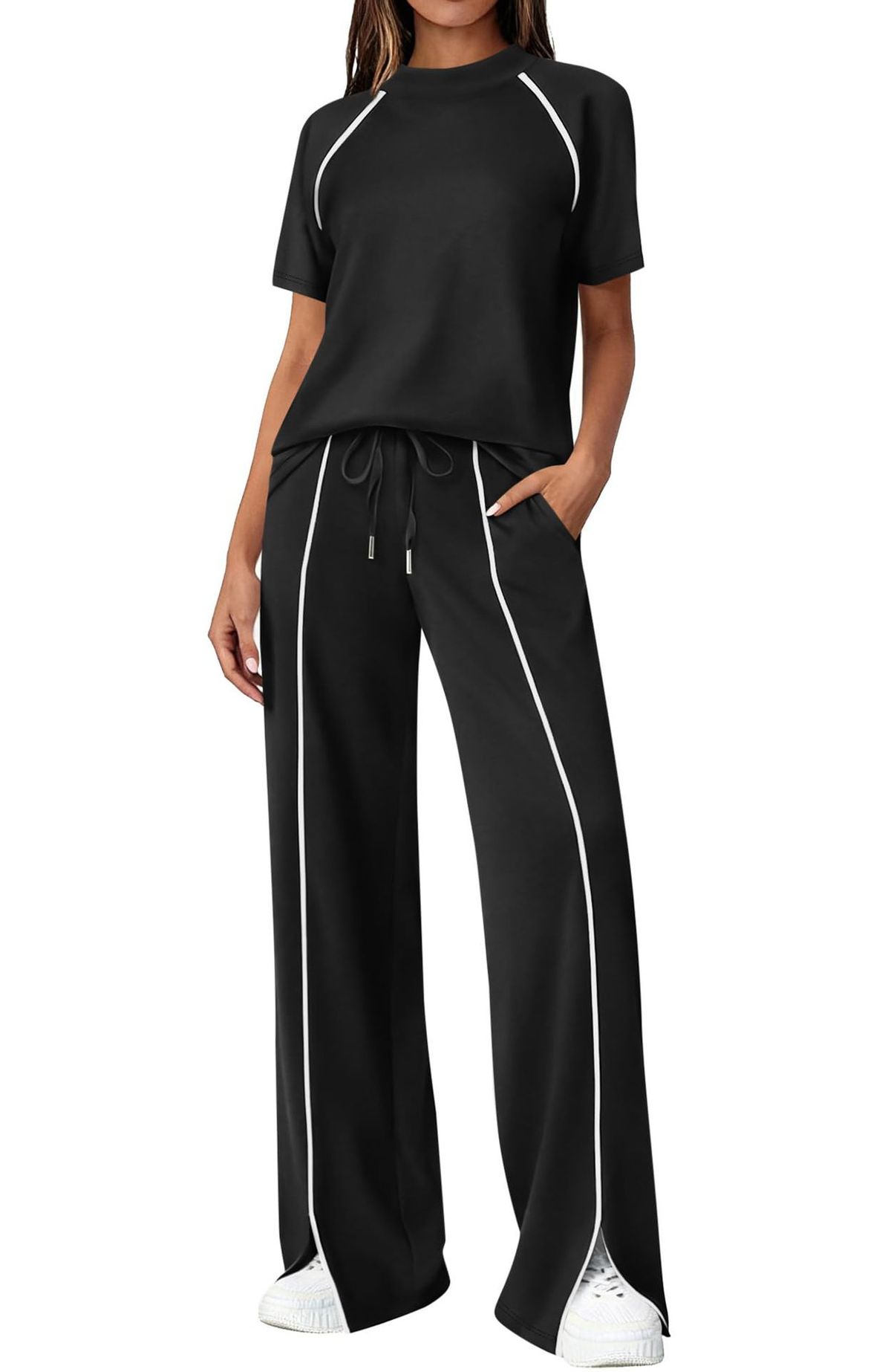 Women's Casual Sweatshirt Set Round Neck Drawstring Pants Split Hem European American Style_ecoleips.com