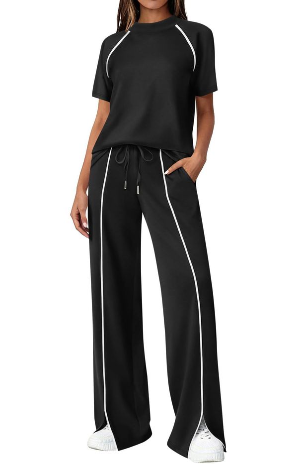 Women's Casual Sweatshirt Set Round Neck Drawstring Pants Split Hem European American Style_ecoleips.com