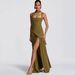 European American Style Scarf-strap Dress For Women, With A Stylish Sexy High Slit, Waist-cinching, Pleated, And Long_ecoleips.com