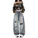 Women's High-Waisted Slimming Ripped Wide Leg Jeans Loose Fitting Floor Length Pants American Style Denim_ecoleips.com