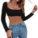 Voya Women's Ultra Short Knitted Long Sleeved T-shirt For Girls, Wrapped In Chest And Exposed Navel Top_ecoleips.com