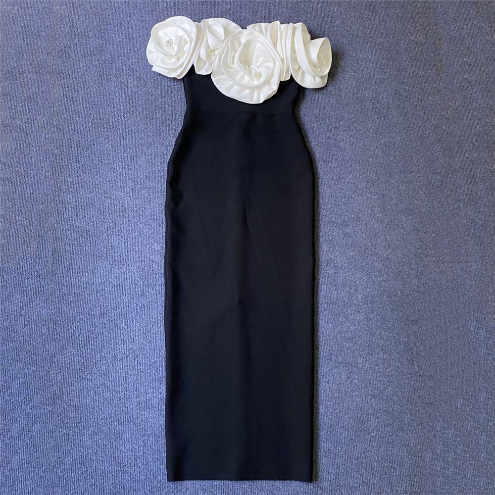 Women's Sexy Off-Shoulder Bandage Dress Elegant Sophisticated Formal Wear with Three-Dimensional Floral Pattern_ecoleips.com