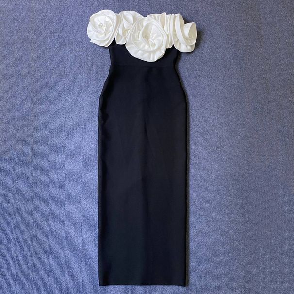 Women's Sexy Off-Shoulder Bandage Dress Elegant Sophisticated Formal Wear with Three-Dimensional Floral Pattern_ecoleips.com