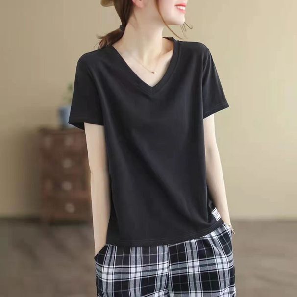 The Korean-Style Loose Top Is A Trendy Summer Short-Sleeved Garment With A V-Neck Design, Featuring Stylish Labels And P_ecoleips.com