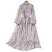 Korean Style Beaded Lantern Sleeve Stand up Collar Dress Waist Cinching a Line Glossy Beach Vacation Dress_ecoleips.com