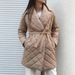 Women's Clothing Stylish Lapel Mid-Length Belted Cotton Coat With Diamond Pattern For Autumn Winter - Available In White, Khaki, Pink, Black, Brown_ecoleips.com