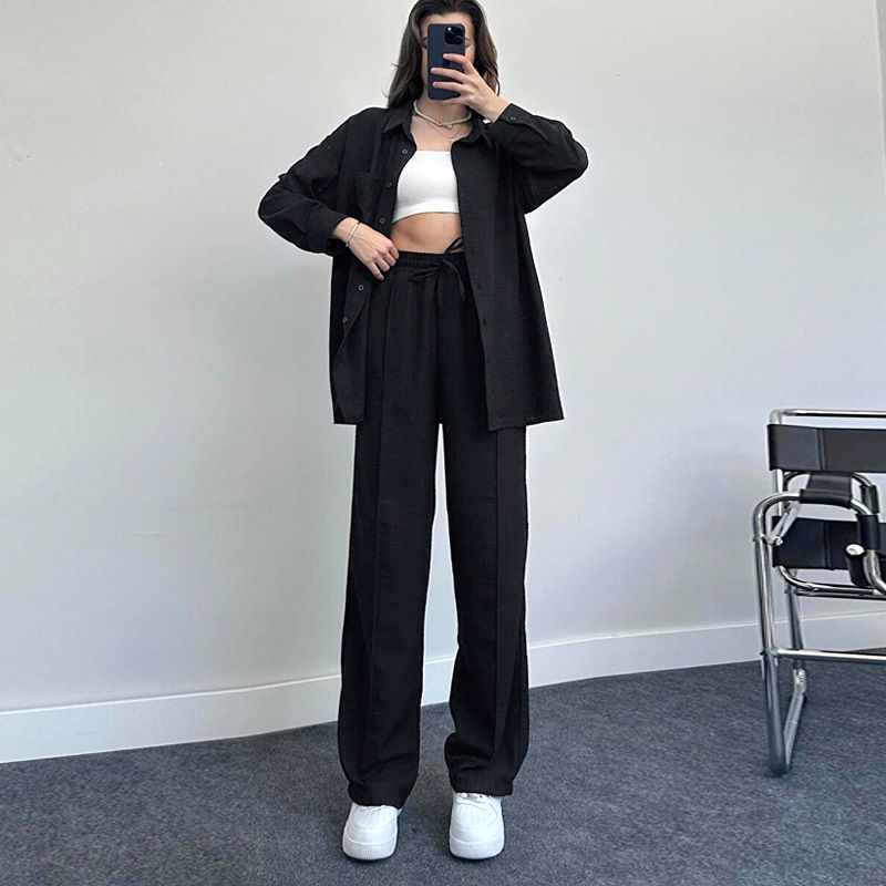 Women's Casual Long Sleeve Shirt & Pants Set - Comfortable Polyester Office Wear, Loose Fit Two-Piece Outfit For Spring & Fall_ecoleips.com