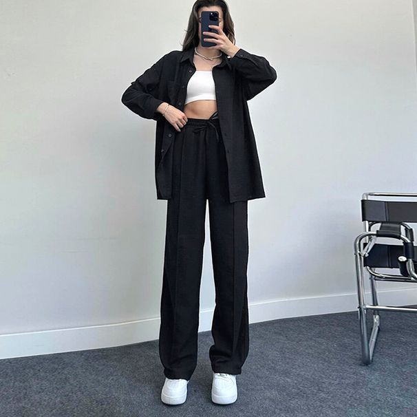 Women's Casual Long Sleeve Shirt & Pants Set - Comfortable Polyester Office Wear, Loose Fit Two-Piece Outfit For Spring & Fall_ecoleips.com