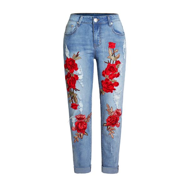 Women's Clothing Elastic Loose Jeans Women's Trousers Colorful Flower 3d Embroidery Ripped Jeans_ecoleips.com