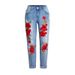 Women's Clothing Elastic Loose Jeans Women's Trousers Colorful Flower 3d Embroidery Ripped Jeans_ecoleips.com