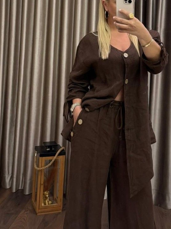 Women's Clothing Solid Color Cotton And Linen Loose Irregular Button Suit Female V Neck Cardigan Wide Leg Pants 2 Piece Set_ecoleips.com