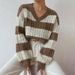 Oversized Striped Knit Sweater – Retro Colorblock V-Neck Pullover In Purple/Khaki/Navy/Black (S-XL) | Cozy & Trendy_ecoleips.com