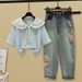 Women's Clothing Fashionable Women's Preppy Style Set With Navy Collar Top And Embroidered Ethnic Short Sleeve Shirt Trendy Style Jeans_ecoleips.com