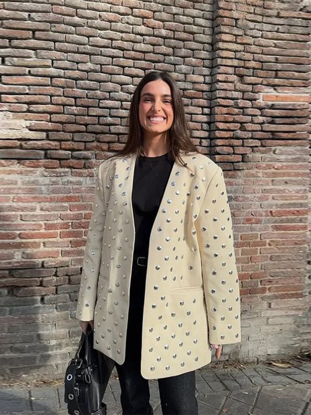 Spring Summer Women's Jacket Personalized Street Vintage Deep V Rivet Inlaid Suit Jacket_ecoleips.com