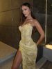2026 European And American Light Luxury Light Yellow Tube Top Lace Sequined High Split Fork Heavy Industry Pleated Tube Top Dress Skirt_ecoleips.com