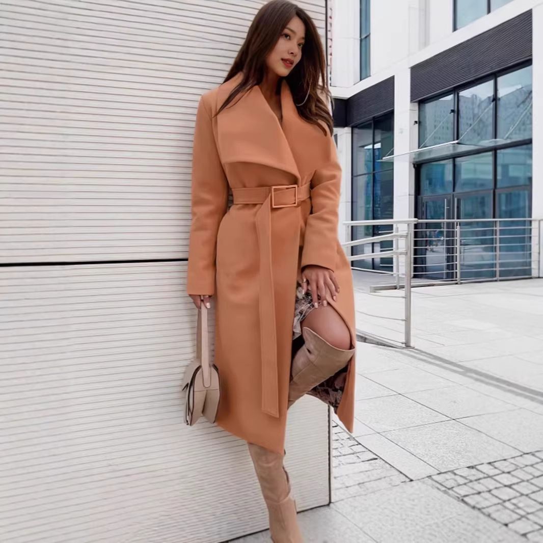 2026 Autumn/Winter: Simple Long-Sleeved Button V-Neck Laced Woolen Coat, Plum-Size Women's Wear_ecoleips.com