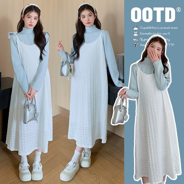 Autumn New Korean Fashion Lace Strap 2-Piece Maternity Dress_ecoleips.com