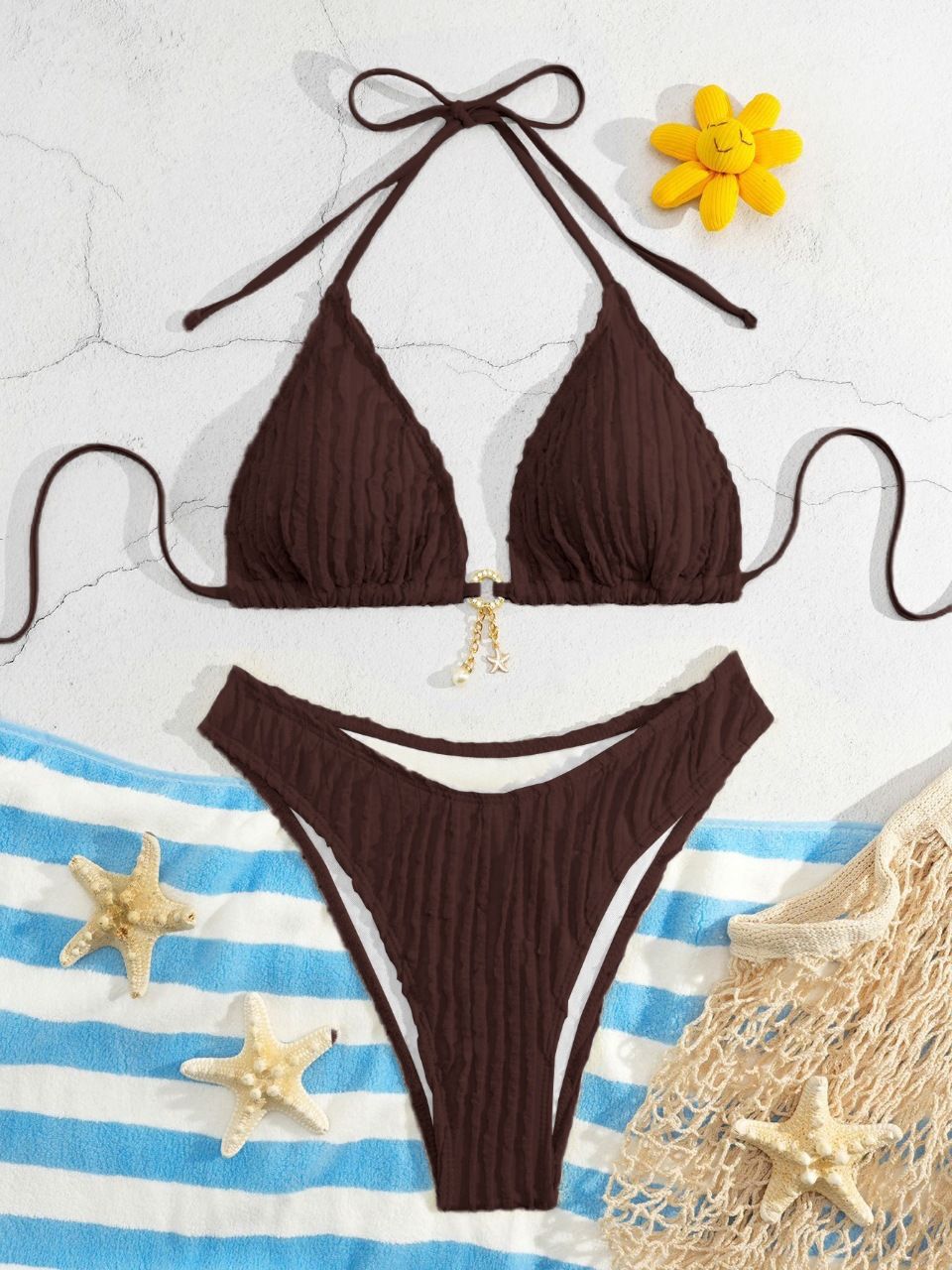2025 New European American Style Textured Drawstring Tie-Up Beach Swimsuit Fresh Fashionable Bikini Women's Swimwear_ecoleips.com