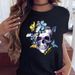 European And American Cross-border Foreign Trade Women's Floral Skull Print Round-neck Short-sleeve T-shirt Top_ecoleips.com