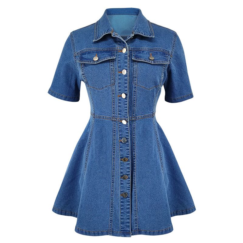K Women's New Denim Style Casual Waist Cinched Lapel Dress_ecoleips.com