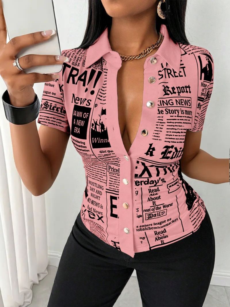 Fashion Newspaper Printed Single Breasted V Neck Shirt Women's Shirt_ecoleips.com