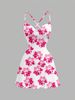 Women's Casual Floral Print Knit Mini Dress, Crisscross Thin Straps, Lettuce Hem Detail, Stylish Going-Out Style_ecoleips.com