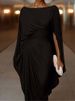Fashion O-neck Irregular Draped Maxi Dress Women Sexy Split Bat Sleeves Solid Long Dress Elegant Temperament Slim Gowns Dresses_ecoleips.com
