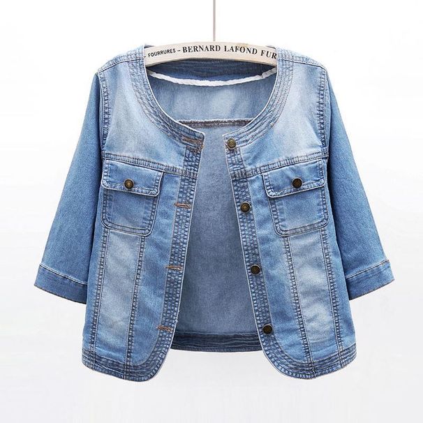 Women's Lightweight Denim Jacket, 3/4 Rolled Sleeve Round Neck Jean Coat, Casual Loose Fit Washed Denim Outwear For Daily Street Wear, Soft Breathable_ecoleips.com