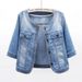 Women's Lightweight Denim Jacket, 3/4 Rolled Sleeve Round Neck Jean Coat, Casual Loose Fit Washed Denim Outwear For Daily Street Wear, Soft Breathable_ecoleips.com