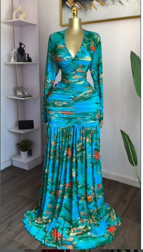 Elegant Sweet Long Sleeved Pleated Printed Maxi Dress European American Style Women's Clothing Dress_ecoleips.com