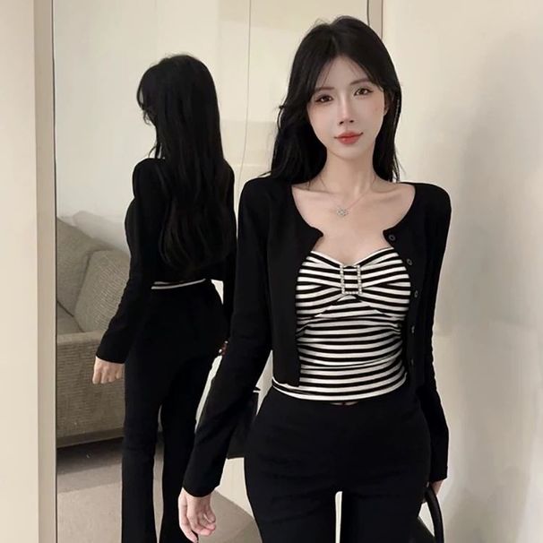 Women's Summer Outfit: Purely Sexy Short Tube With Long Sleeve Cardigan And Striped Tank Top Two-Piece Set_ecoleips.com
