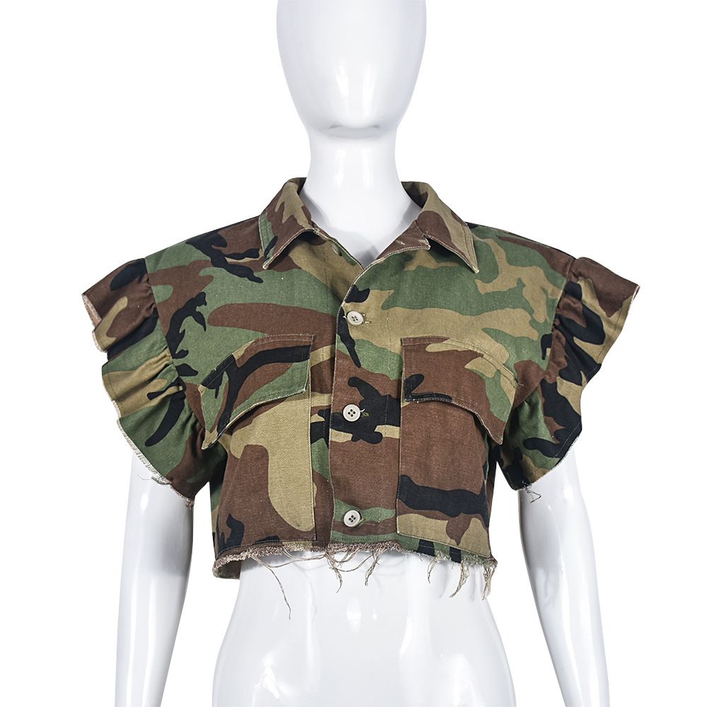Women's Clothing Ruffle Sleeve Pocket Personalized Cardigan Outdoor Short Sleeve Jacket_ecoleips.com