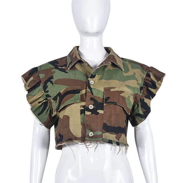 Women's Clothing Ruffle Sleeve Pocket Personalized Cardigan Outdoor Short Sleeve Jacket_ecoleips.com