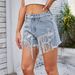 2025s Summer New Washed Rhinestone Beaded Denim Shorts With Fringes Hot Pants_ecoleips.com